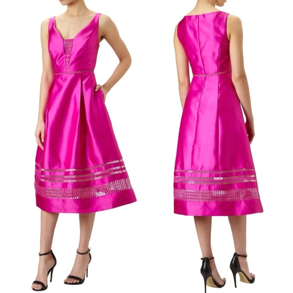 ADRIANNA PAPELL PINK LATTICE LACE TRIM A LINE SLEEVELESS MIDI COCKTAIL DRESS - Picture 1 of 15